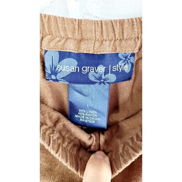 Susan Graver Linen/Rayon Capri Ankle Pants Women's Brown Pockets Elastic Waist L - Picture 5 of 6